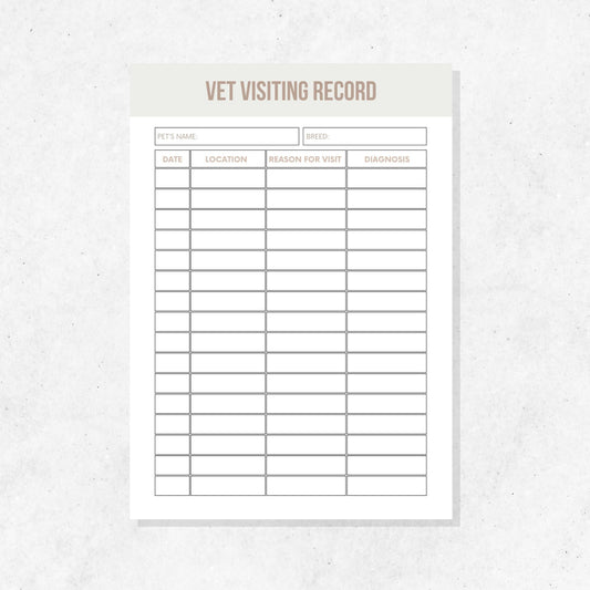 Pet Vet Visiting Record Printable Template PLR