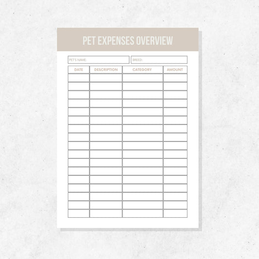 Pet Expenses Overview Printable Template PLR