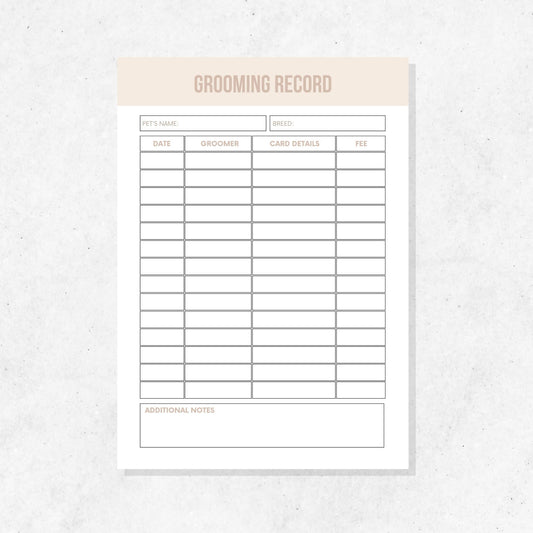 Pet Grooming Record Printable Template PLR