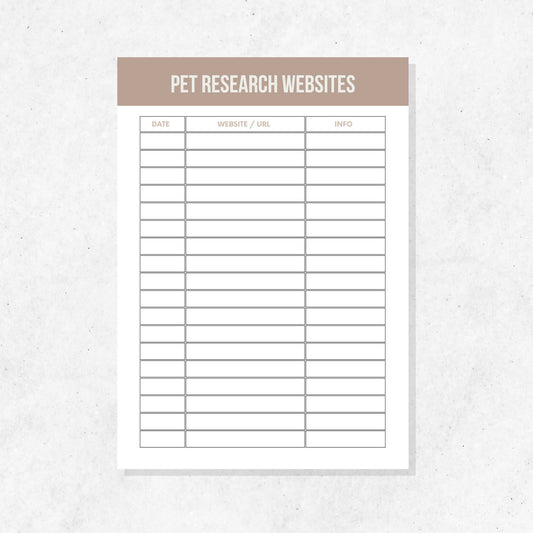 Pet Research Websites Log Printable Template PLR