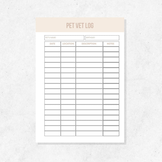 Pet Vet Log Printable Template PLR