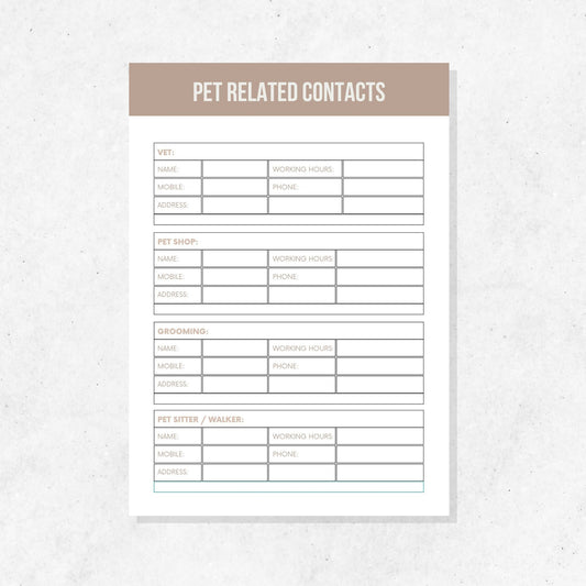 Pet Contacts Record Printable Template PLR