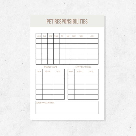 Pet Responsibilities Log Printable Template PLR