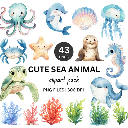 Cute Sea Animals Clipart Pack PLR